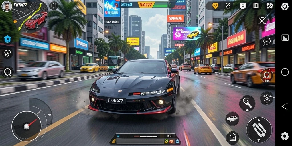 Tampilan gameplay balapan mobil yang cepat dan mendebarkan.