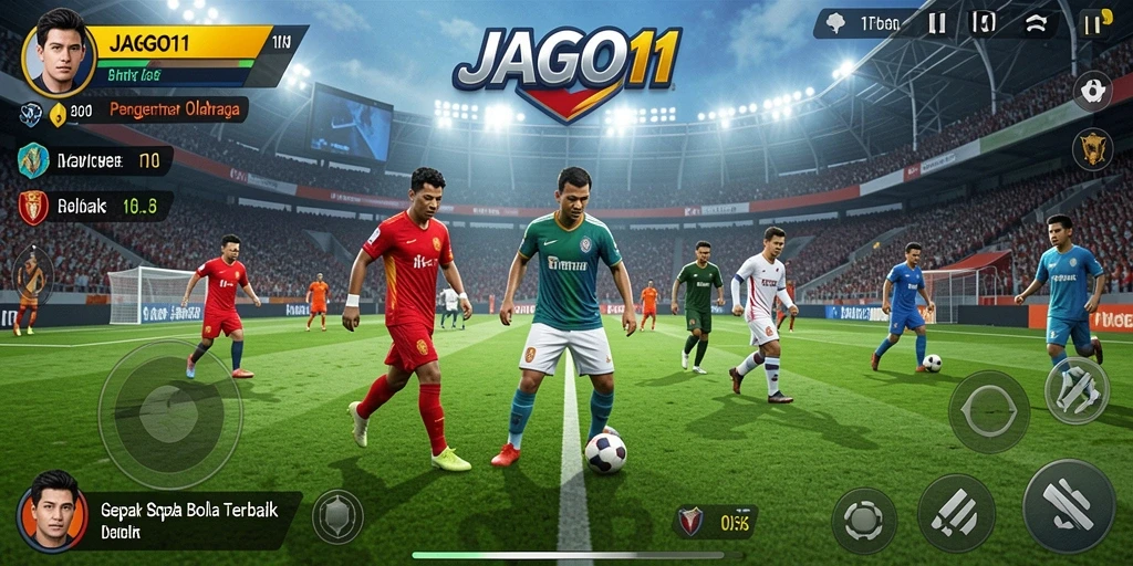 Tampilan gameplay seru dalam JAGO11 yang menunjukkan aksi sepak bola.