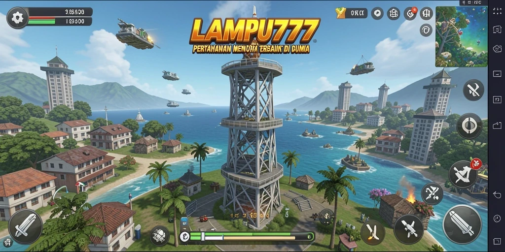 Tampilan gameplay seru LAMPU777 dalam pertempuran Tower Defense.
